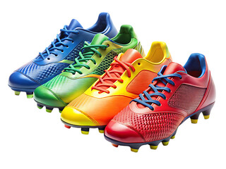 A collection of colorful soccer shoes isolated on white background ,PNG. AI Generated.