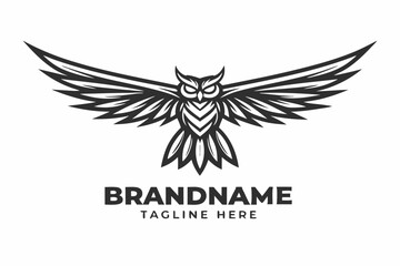 Detailed Line Art Owl with Wings Outstretched Isolated on White Background