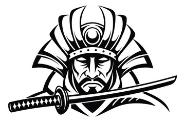 Detailed Samurai Warrior Face with Katana on White Background Design