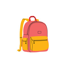 School pink and yellow backpack in flat modern design with outlines. Hand drawn schoolbag for kids materials, back to school visuals, education prints. Vector illustration.