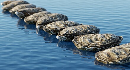 A row of fresh oysters floating on calm, clear blue water, reflecting the light. Perfect for seafood themes and marine life concepts.