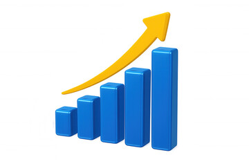 Growing blue bar graph with yellow upward arrow depicting rising business performance, financial success visualized on transparent backdrop