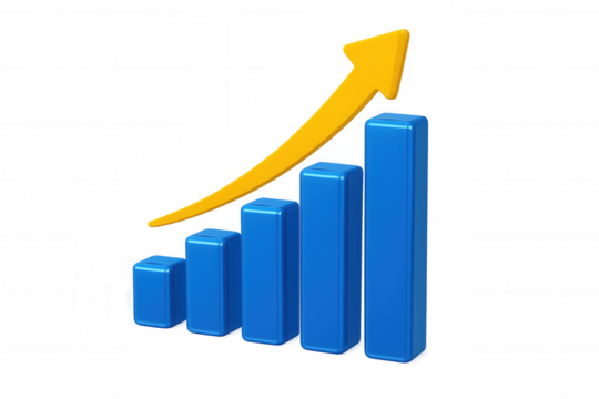 Growing blue bar graph with yellow upward arrow depicting rising business performance, financial success visualized on transparent backdrop