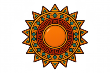 Colorful illustration of an aztec sun design with geometric patterns, ideal for projects related to ancient cultures and history