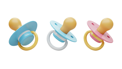 Three colorful baby pacifiers in blue white and pink isolated on transparent background