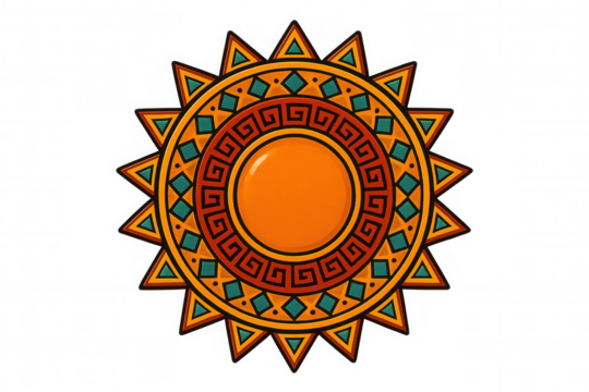 Colorful illustration of an aztec sun design with geometric patterns, ideal for projects related to ancient cultures and history - Powered by Adobe