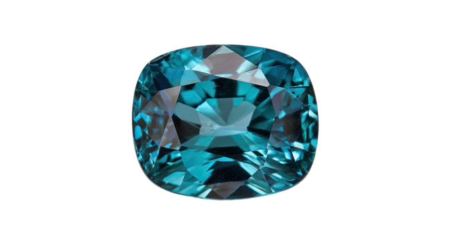 Close-up of a vibrant, teal-blue gemstone.  A  faceted,  cushion-cut  gem  radiates  color  against  a  black  background.  Detailed  facets  show  light  refraction