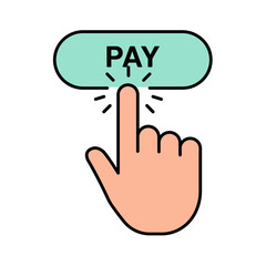 Stylized Hand Index Finger Tapping a Mint Green Pay Button with Black Outline.