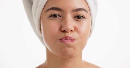 Mouthwash, face and woman cleaning for dental health, teeth wellness and gum care. Hygiene, oral rinse and person with portrait, antibacterial and morning routine on white background space in studio