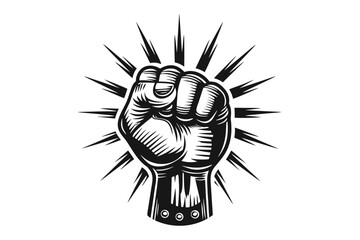 Fist Raised in Solidarity Black Graphic, Arm Strength Emblem on White Background