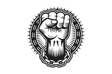 Fist Vector, Black Silhouette, Chain, Solidarity, Power, Strength, White Background