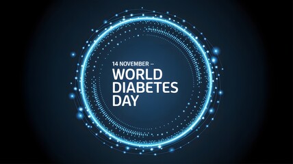 World diabetes day banner with blue circle and text on dark background to celebrate the event