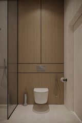 Contemporary toilet area with wall-mounted toilet, wood paneling, and a glass shower partition. Sleek and modern bathroom design.