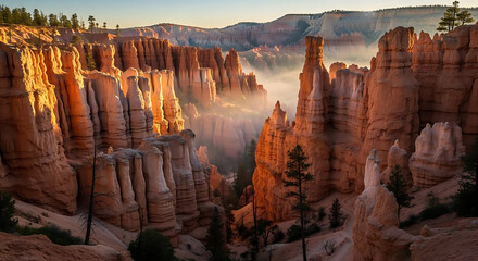 Panoramic view of bryce canyon national park with sandstone rock formations and morning mist at sunrise ai generated