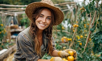 Happy farmer woman harvesting yellow tomatoes in greenhouse