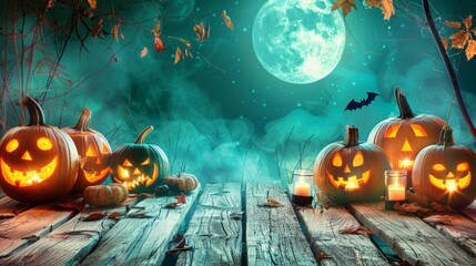 Naklejka premium Eerie halloween landscape featuring haunted forests, gloomy skies, and flickering jack o lanterns