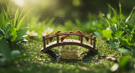 Whimsical scene of ants crossing a tiny wooden bridge over a stream in a lush green garden, bathed in magical sunlight and bokeh. A miniature world adventure.