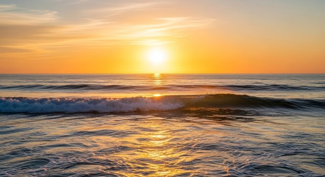 Majestic Golden Sunset Over Ocean with Breaking Wave and Radiant Sun Path