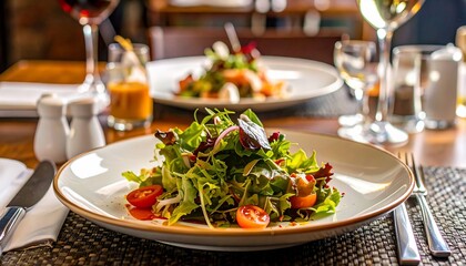 Restaurant Dining Scene: Salad with Tomatoes and Wine Glasses on Table Display