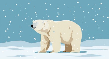 Fototapeta premium A majestic polar bear stands in a serene, snowy winter landscape with snowflakes falling. Vector illustration depicting arctic wildlife and cold climate.