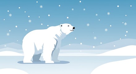 Fototapeta premium An illustration of a majestic polar bear standing in a serene snowy landscape with falling snowflakes, depicting the beauty of arctic wildlife and winter.