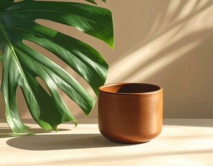 A rich brown ceramic planter sits beside a large, vibrant green monstera leaf against a soft beige backdrop, bathed in natural sunlight.