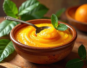 A close-up view of a bowl of vibrant orange pur?e, garnished with fresh mint leaves, resting on a wooden surface.