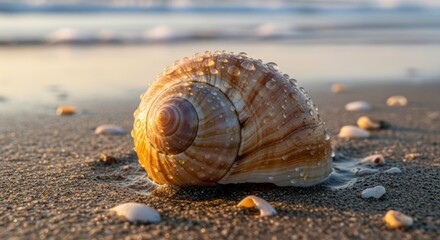 A Solitary, Water-Beaded Seashell Glistening on the Shore in Warm Sunrise Light.