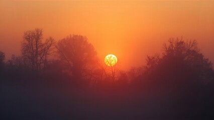 A soft and hazy sunrise over a foggy forest, with the sun appearing as a gentle glowing orb. A minimalist and serene landscape illustration with a warm orange and yellow color palette