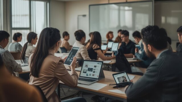 Business meeting with people using laptops and tablets - Powered by Adobe