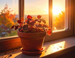 A terracotta pot plant bathed in golden sunlight through a window, showcasing autumnal hues outside.