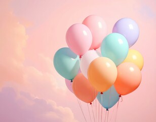 A cluster of pastel-colored balloons floats against a soft, rosy sky, evoking a cheerful and celebratory mood.