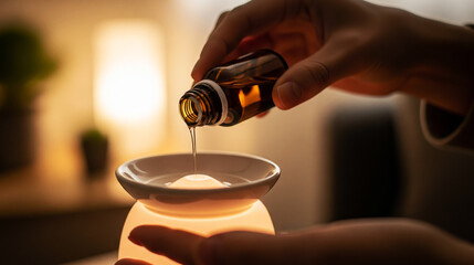Aromatic essential oil being poured into a ceramic diffuser