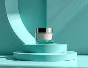 A light-filled teal display showcases a cream jar on tiered platforms, exuding a serene and sophisticated mood.