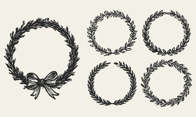 Black laurel wreath collection with leaves and bows. Vintage monochrome crayon sketchy style botanical frames for wedding invitations, logos.