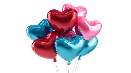 Bunch of colorful heart shaped balloons isolated on transparent background