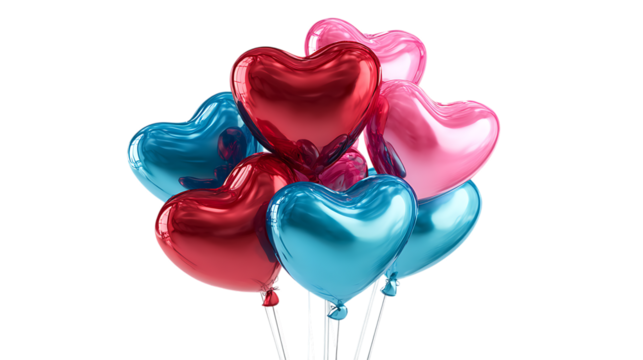Bunch of colorful heart shaped balloons isolated on transparent background
