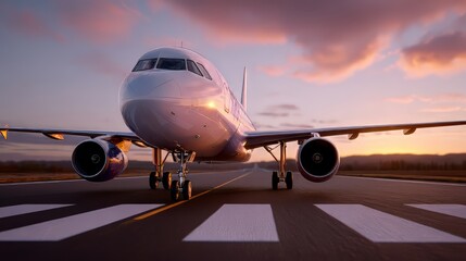 Passenger jet on runway during golden hour, modern air travel and flight safety theme for family travel