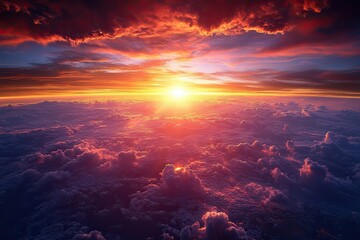 Naklejka premium A breathtaking sunrise emerges above a sea of clouds, casting vibrant hues of orange and purple across the sky.