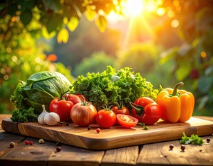 Fresh, vibrant vegetables arranged on a wooden cutting board, bathed in sunlight, creating a healthy and appetizing display.