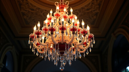 Elaborate Red and Gold Crystal Chandelier with Lit Candles lighting ornate