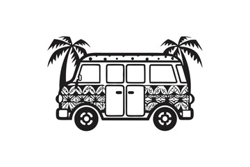 Hawaiian Van with Palm Trees, Tropical Floral Pattern, Summer Vibes on White Background
