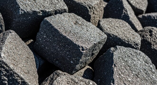 Pile of interlocking dark gray stones or concrete blocks texture