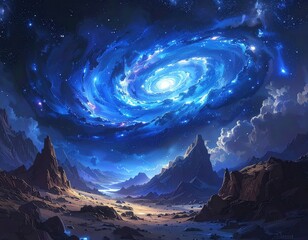 A vast, swirling galaxy hangs above a desolate, mountainous landscape, bathed in vibrant blues and silvers, creating a breathtaking, otherworldly scene.