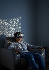 Naklejka premium Immersive virtual reality experience at home, with a person in an armchair bathed in cinematic light effects
