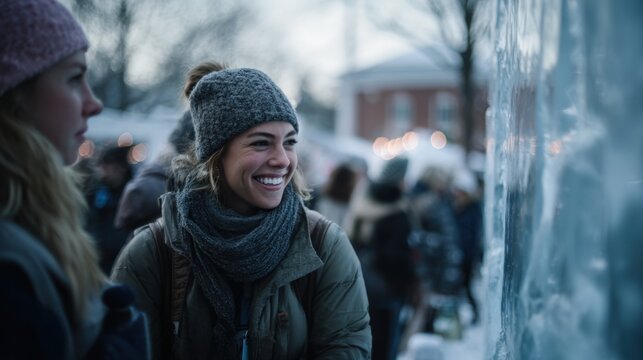 Two young women enjoying a winter festival. One woman has brown hair and is wearing a gray beanie and scarf. The other has blonde hair and is wearing a pink hat. Snowy background.