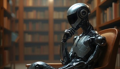 An advanced robot in a thinker pose within a classic library, featuring metallic silver and warm brown wood tones, a 4K ultra-detailed image symbolizing the evolution of AI.