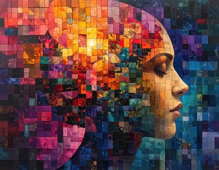 A vibrant mosaic portrait showcases a woman's serene profile, rendered in a captivating array of colorful squares.