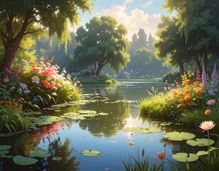 A serene lake scene in a lush, vibrant garden, bathed in warm sunlight, displaying a tranquil and beautiful mood.