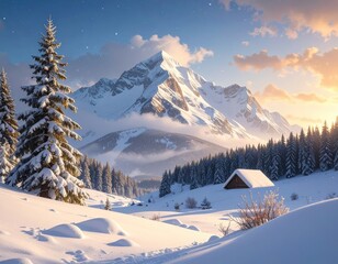A serene winter landscape showcases snow-covered peaks, a charming wooden chalet, and a forest of pine trees bathed in the golden light of dawn.